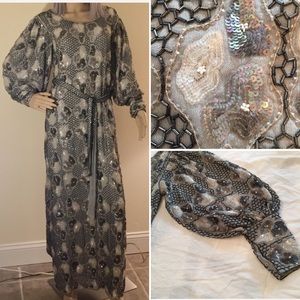 1980s Sequin Puff Balloon Sleeves Gown Long Dress